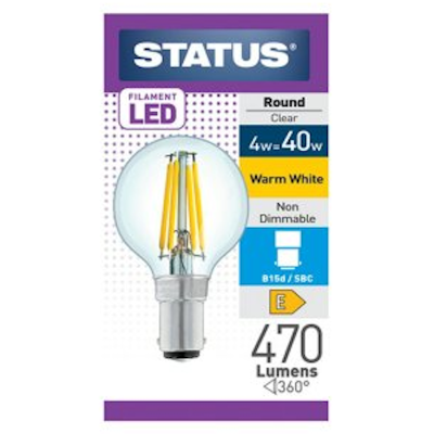 Status Filament LED Round Clear 40w Warm White Non-Dimmable Small Bayonet Cap Bulb