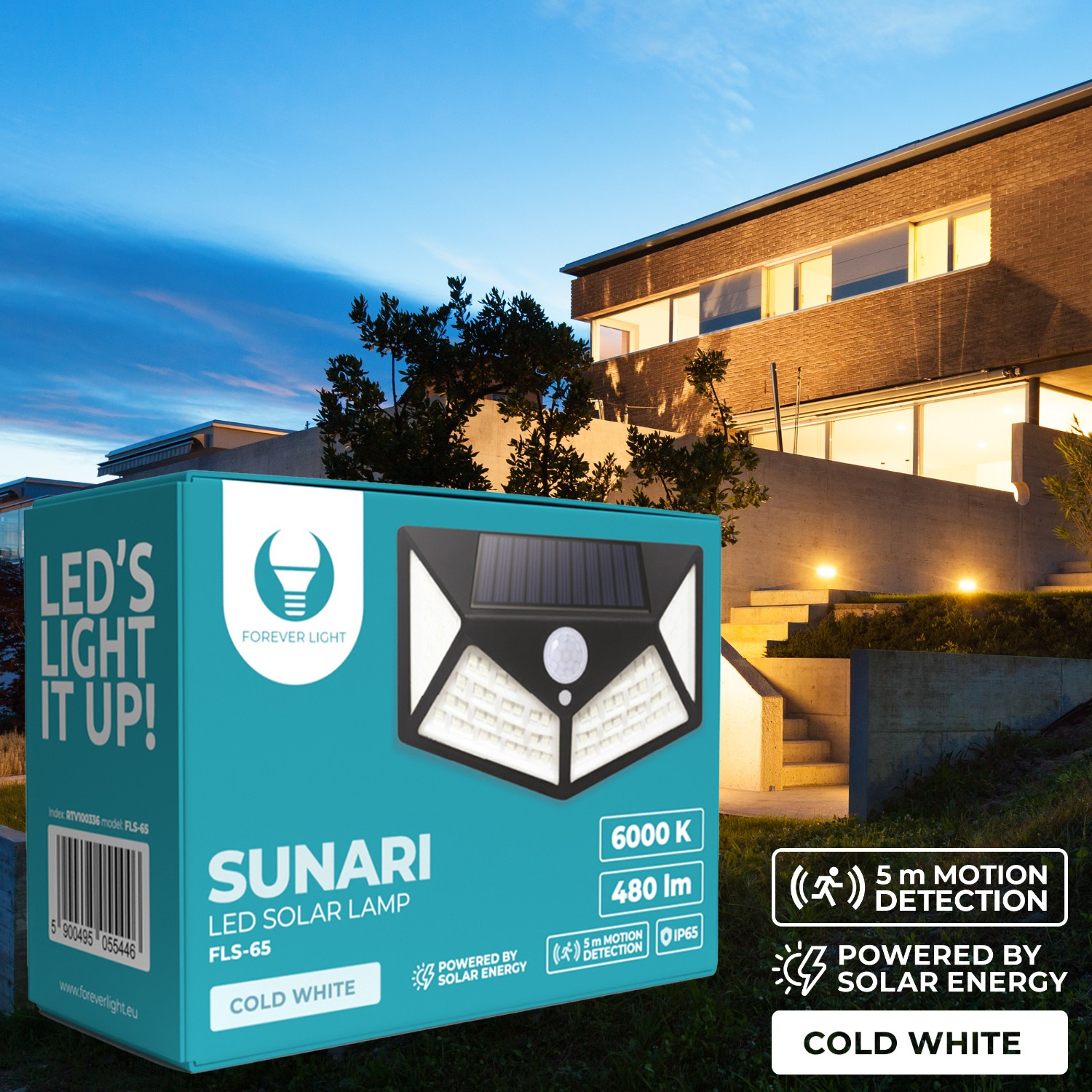 Forever Light SUNARI FLS-65 Solar Lamp | 100 SMD LED 6W 480lm PIR Outdoor Light
