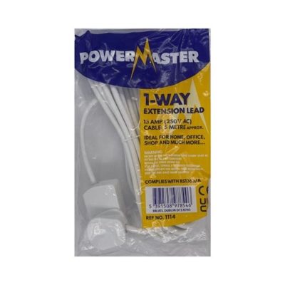 Powermaster 4-Way 5-Meter Long Reach Power Extension Lead Strip – White (Model 1114)